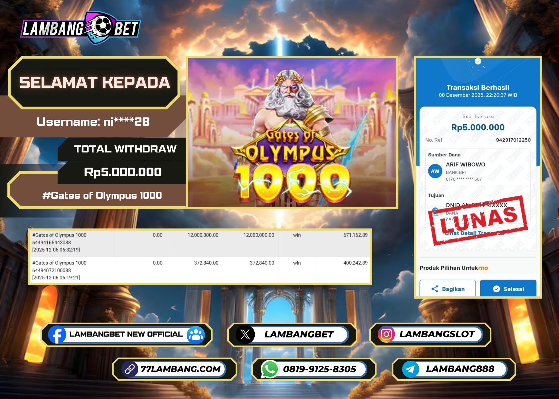 LAMBANGBET [8 DESEMBER 2025] JACKPOT SLOT Gates of Olympus 1000 "Rp5.000.000" LUNAS [3]